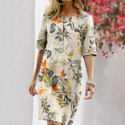 Elegant vintage dress with floral print and half sleeves