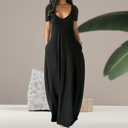 Plain v-neck dress with pockets - floor length