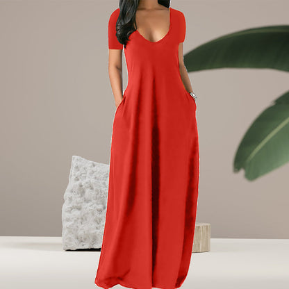 Plain v-neck dress with pockets - floor length