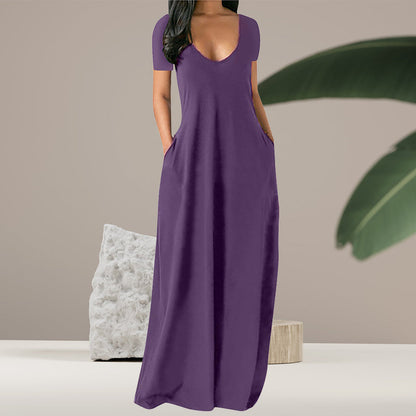 Plain v-neck dress with pockets - floor length