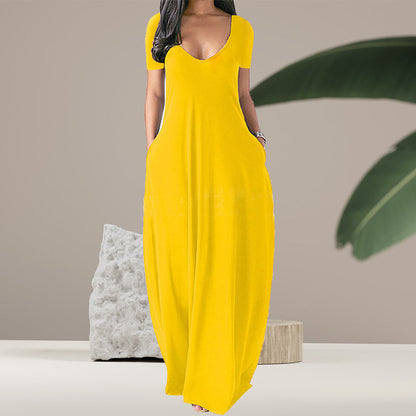 Plain v-neck dress with pockets - floor length