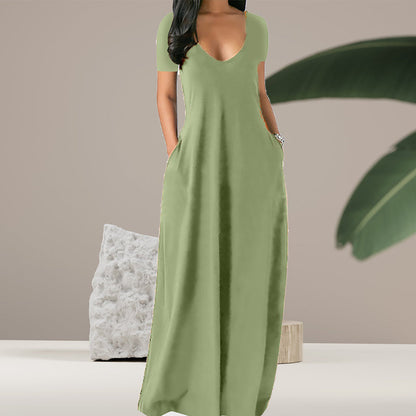 Plain v-neck dress with pockets - floor length