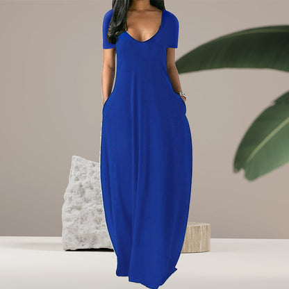 Plain v-neck dress with pockets - floor length