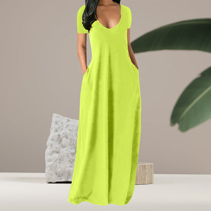 Plain v-neck dress with pockets - floor length