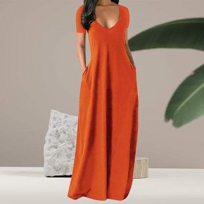 Plain v-neck dress with pockets - floor length