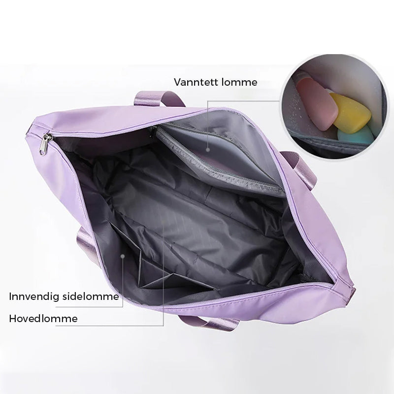 High-capacity travel bag with wet-dry separation