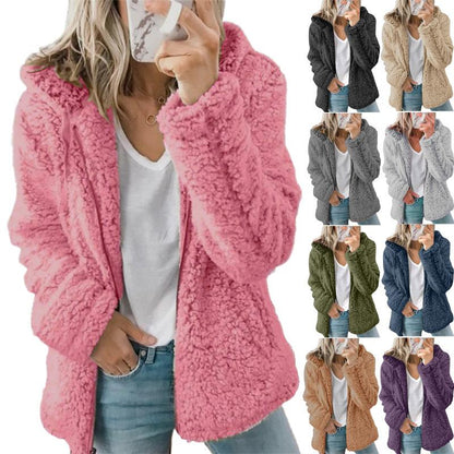 Teddy fleece jacket with hood for women